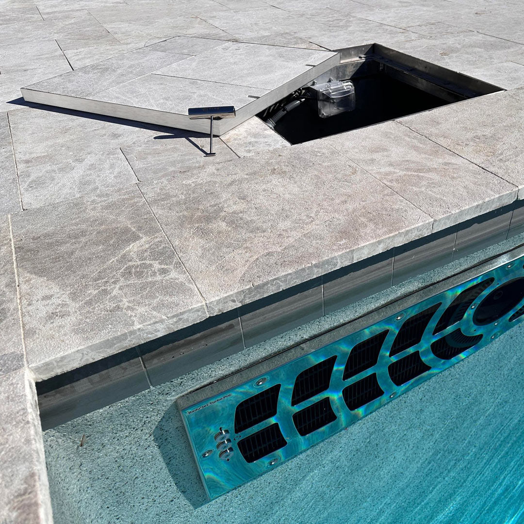 Large HIDE utility cover used to cover pool swim jet access point