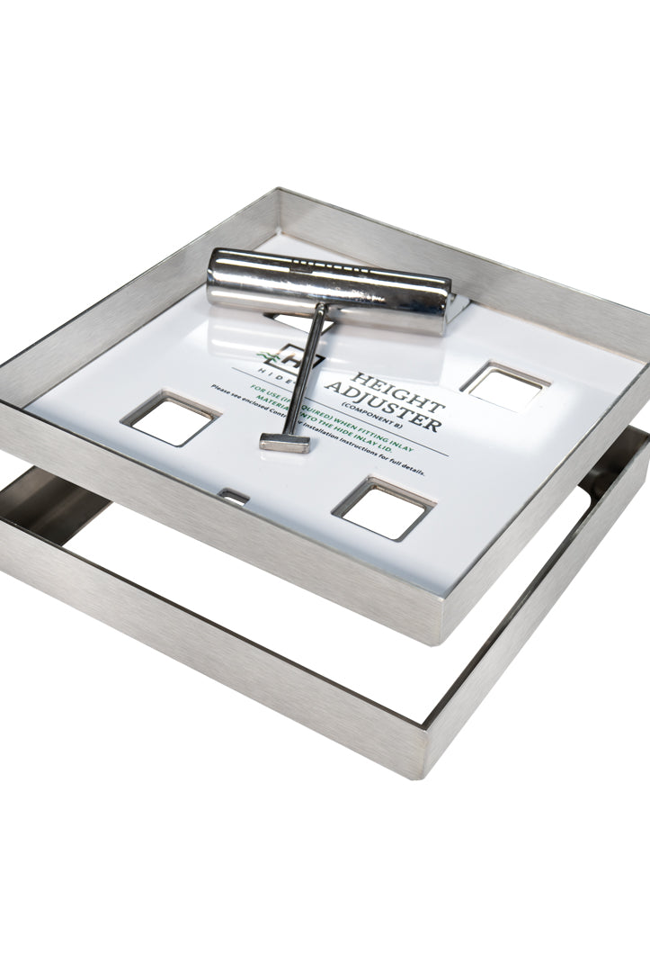 HIDE Access Cover hardware showing frame, infill tray, height adjuster and safety key