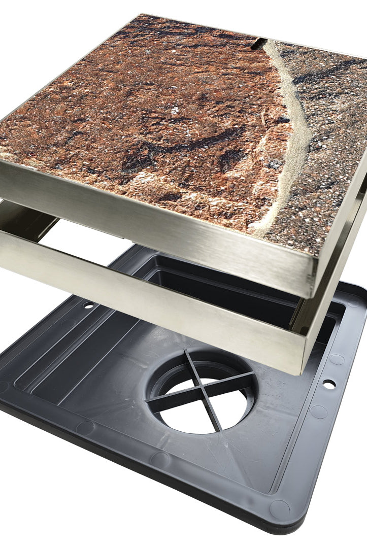 Drain pit with HIDE drain cover with crazy pave infill Everhard flo-way shallow pit case is NOT part of HIDE drain cover kit