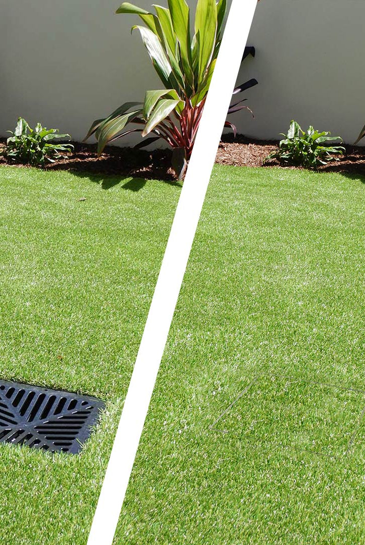 Comparison of artificial turf with exposed plastic drain grate and an after image of a HIDE Drain Cover.