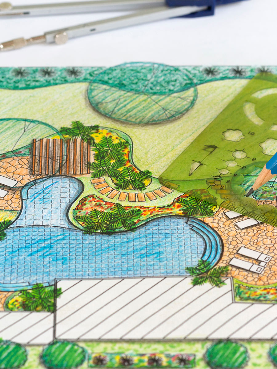 Image of a landscaping plan, a pool has been specified.