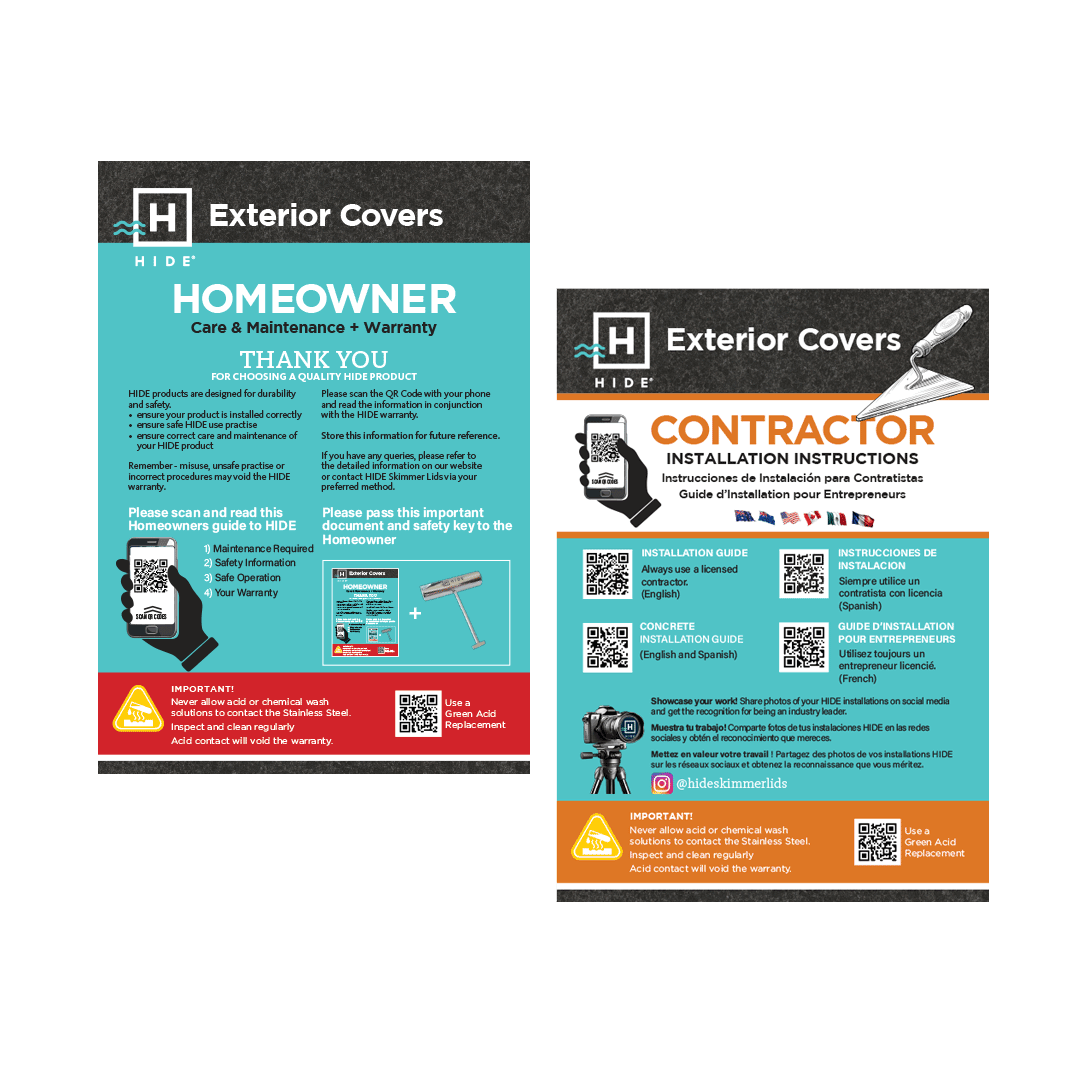 HIDE homeowner care & maintenance manual and contractor installation instructions booklets