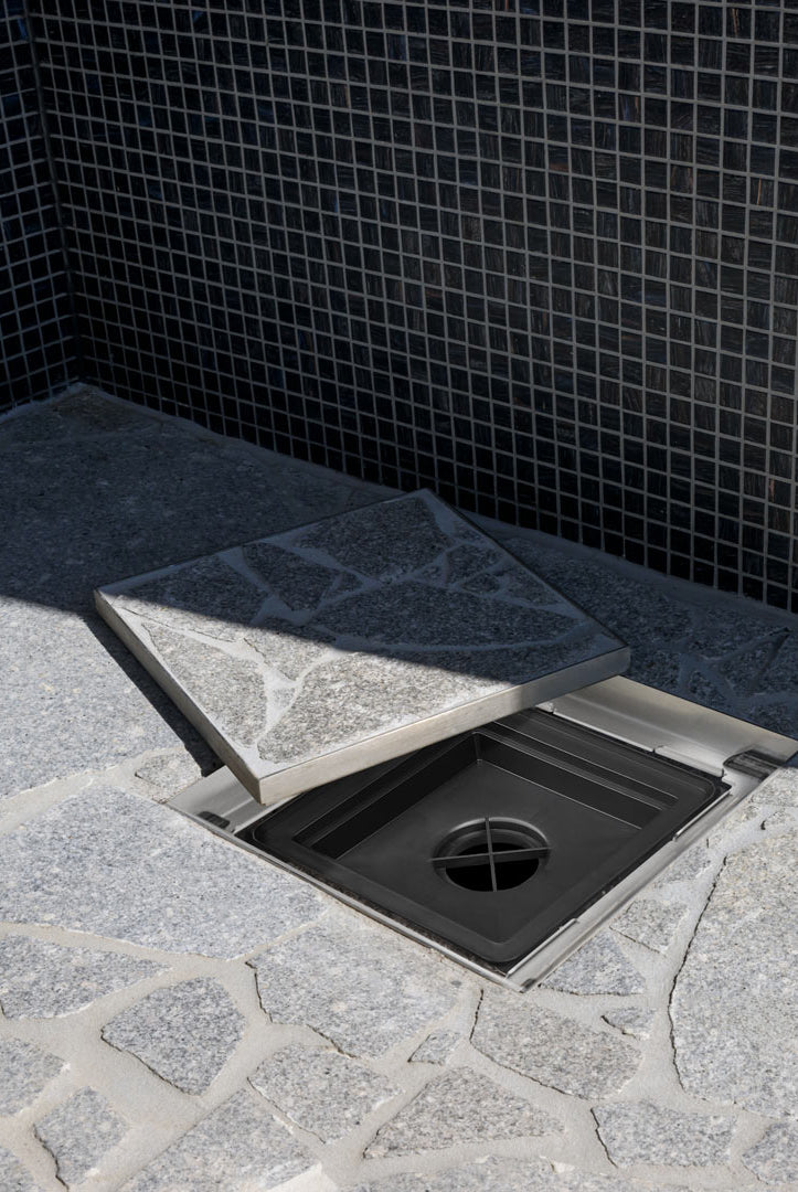 HIDE drain cover used for outdoor shower drain. Note the black Everhard flo-way shallow pit case is NOT part of HIDE drain cover kit