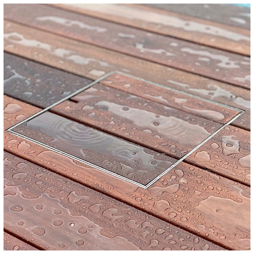 Timber decking inside of HIDE stainless steel Access Cover. Timber grains have been matched up to create continuous effect.