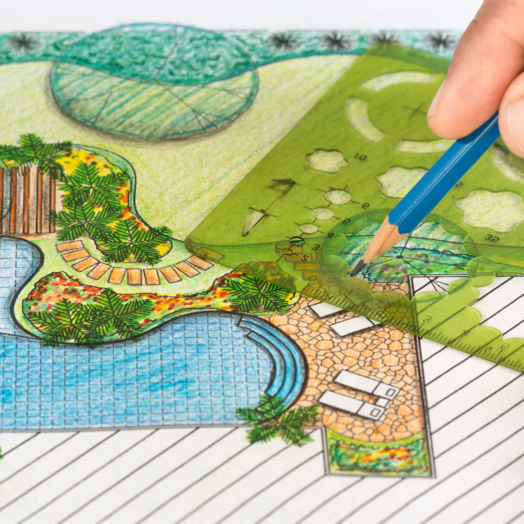 Technical drawing of backyard with a pool.