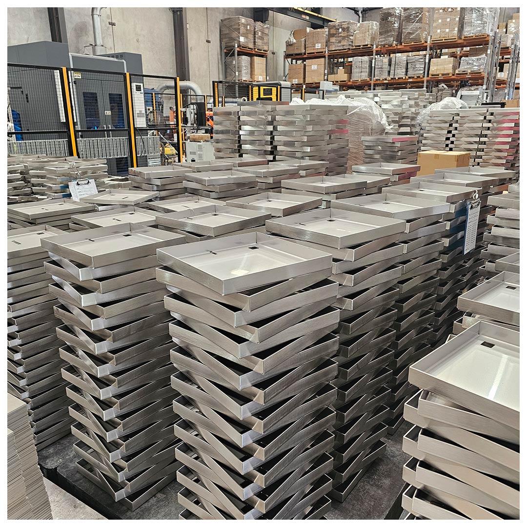 Stainless Steel HIDE Lids stacked in our Yatala manufacturing facility in Australia. Showcasing how we have lots of stock.