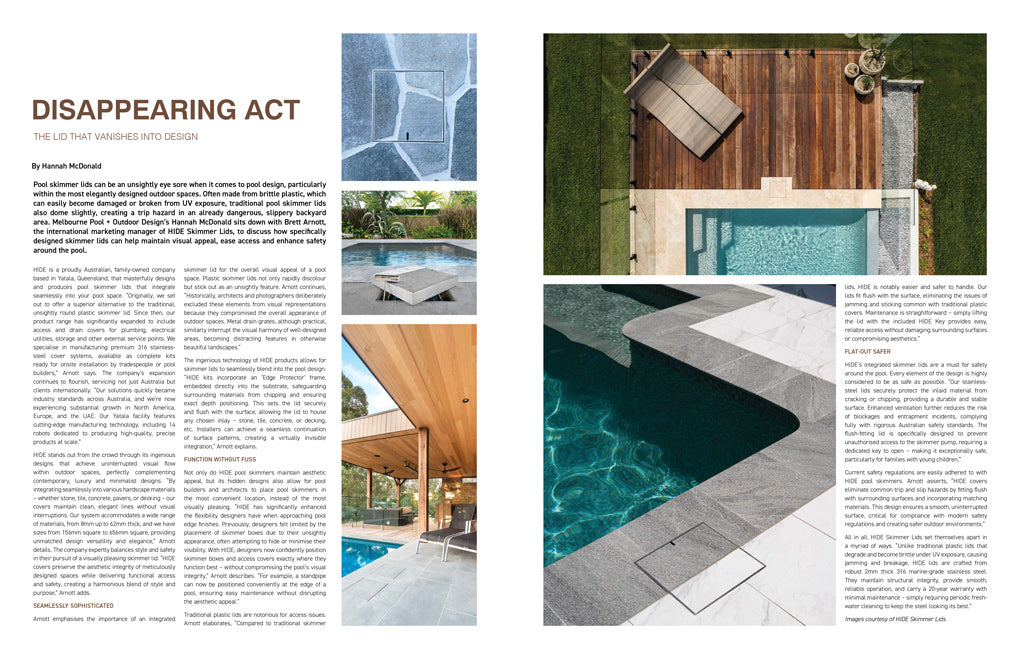 Magazine feature spread showcasing HIDE stainless steel skimmer lids and flush access covers integrated into pool design.