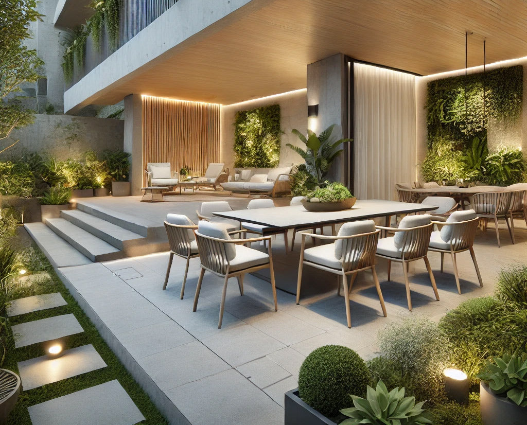 Architect-designed courtyard with discreet HIDE exterior access cover integrated into tiles