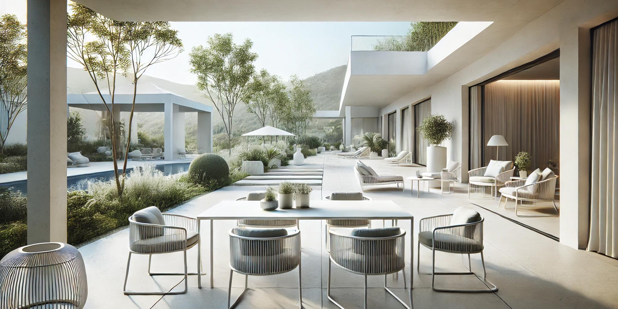 Modern outdoor entertaining area with pool, landscaped garden and minimal design.