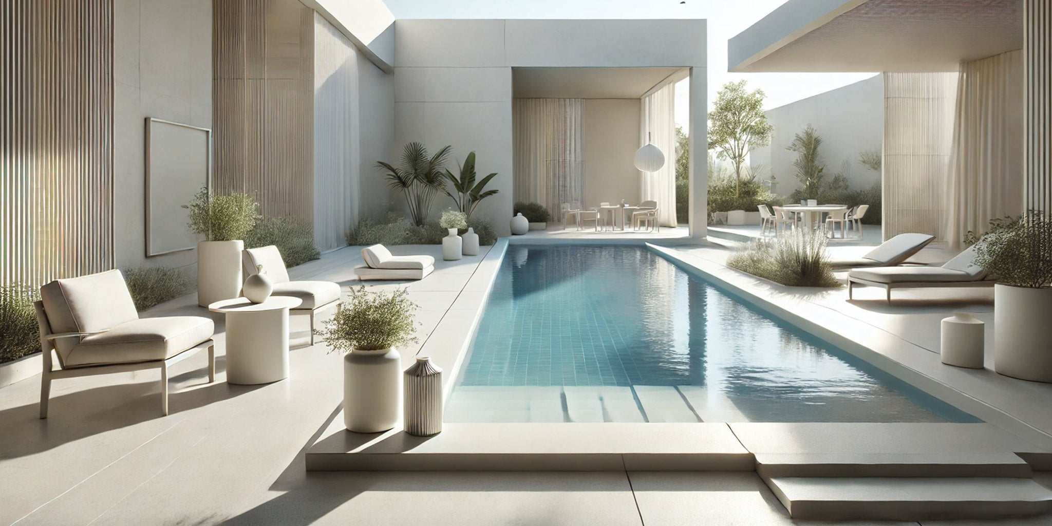 Modern minimalist courtyard with lap pool, outdoor seating and landscaped planters.