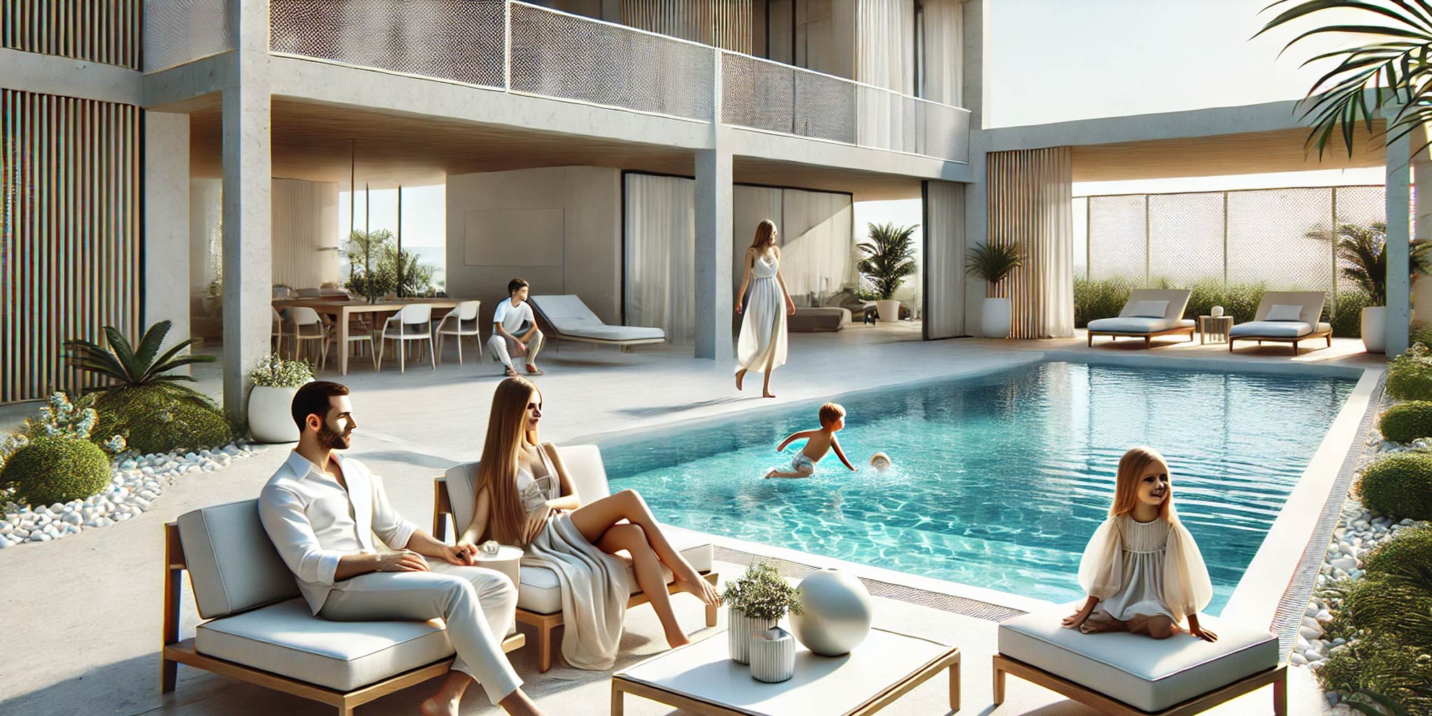 Contemporary home with courtyard pool, sun loungers and family enjoying the outdoor space.