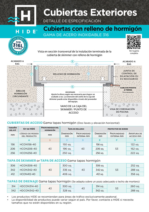 Technical drawing of HIDE Concrete Covers with concrete fill specifications and dimensions in Spanish. 