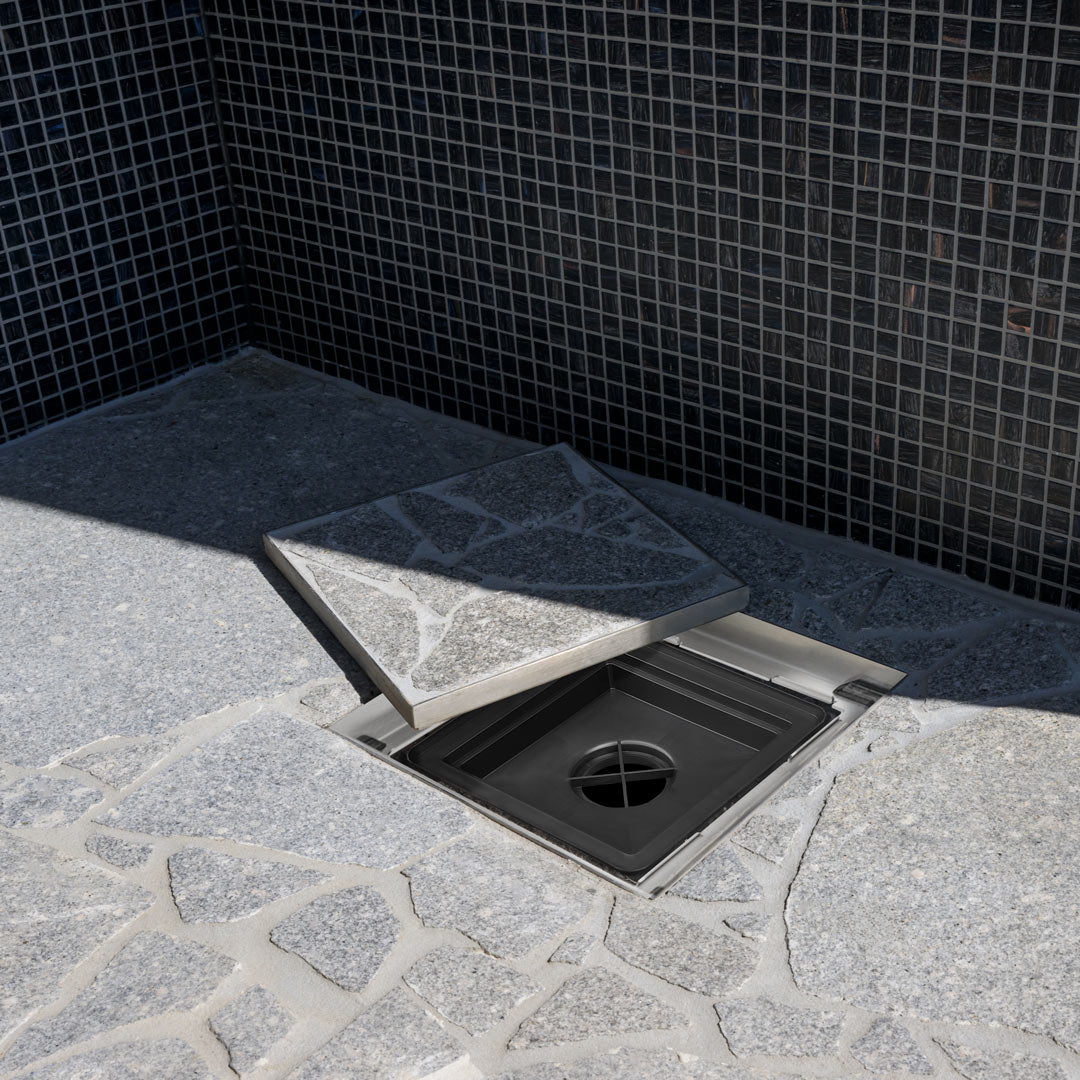 HIDE drain cover used for outdoor shower drain. Note the black  Everhard flo-way shallow pit case is NOT part of HIDE drain cover kit
