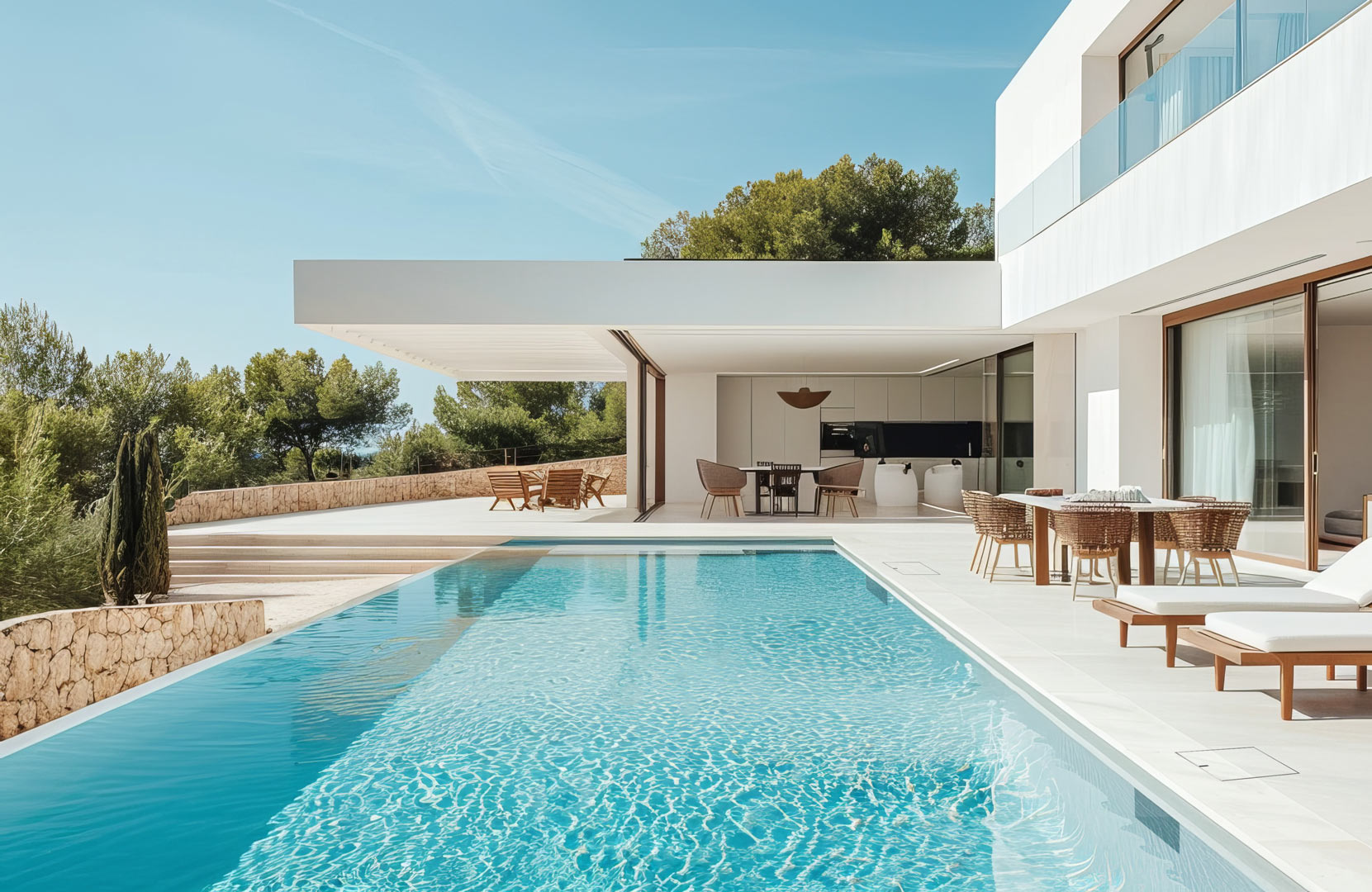 Large minimalist luxury home with a large pool, HIDE Skimmer Lids can be seen beside the pool.