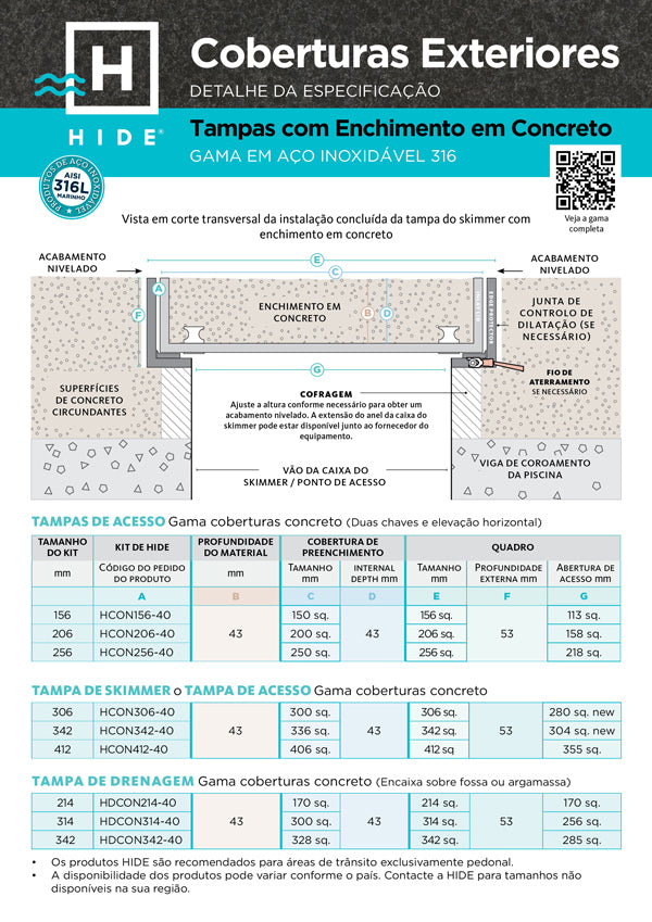 Technical drawing of HIDE Concrete Covers with concrete fill specifications and dimensions in Portuguese. 