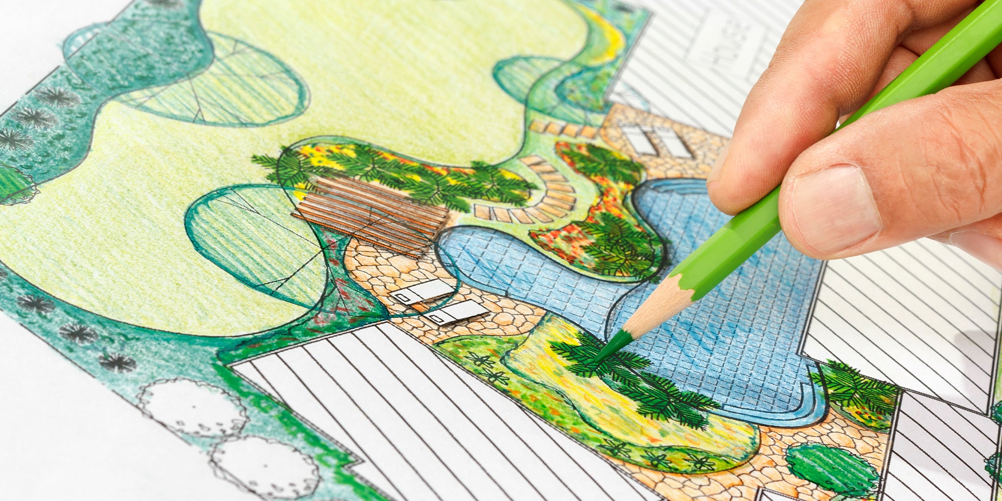 Rendering of architectural drawing for a backyard with pool.