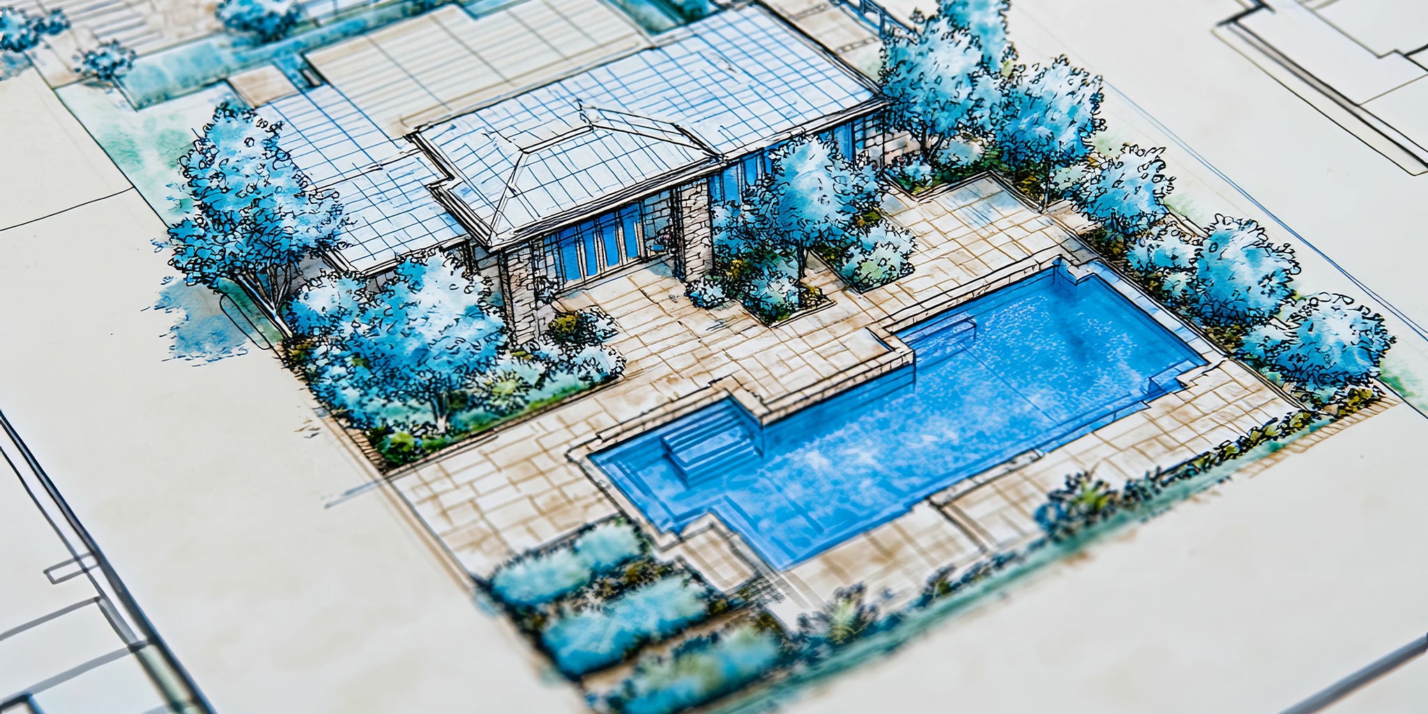 Architectural rendering of backyard with pool.